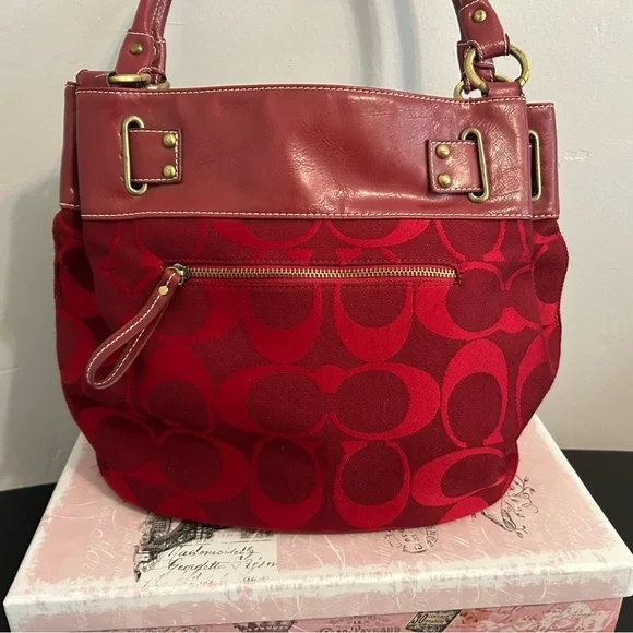 Coach Red Signature Tote with Buckle-Trim Handles - Picture 3 of 10